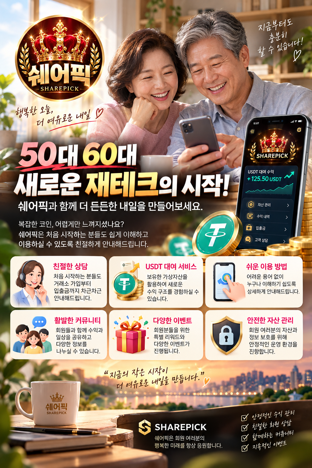 50대 60대 재테크와 은퇴 후 자산 관리가 고민이신가요? 쉐어픽에서 USDT 가상자산 대여 서비스, 거래소 가입, 입출금 방법, 이미지 1