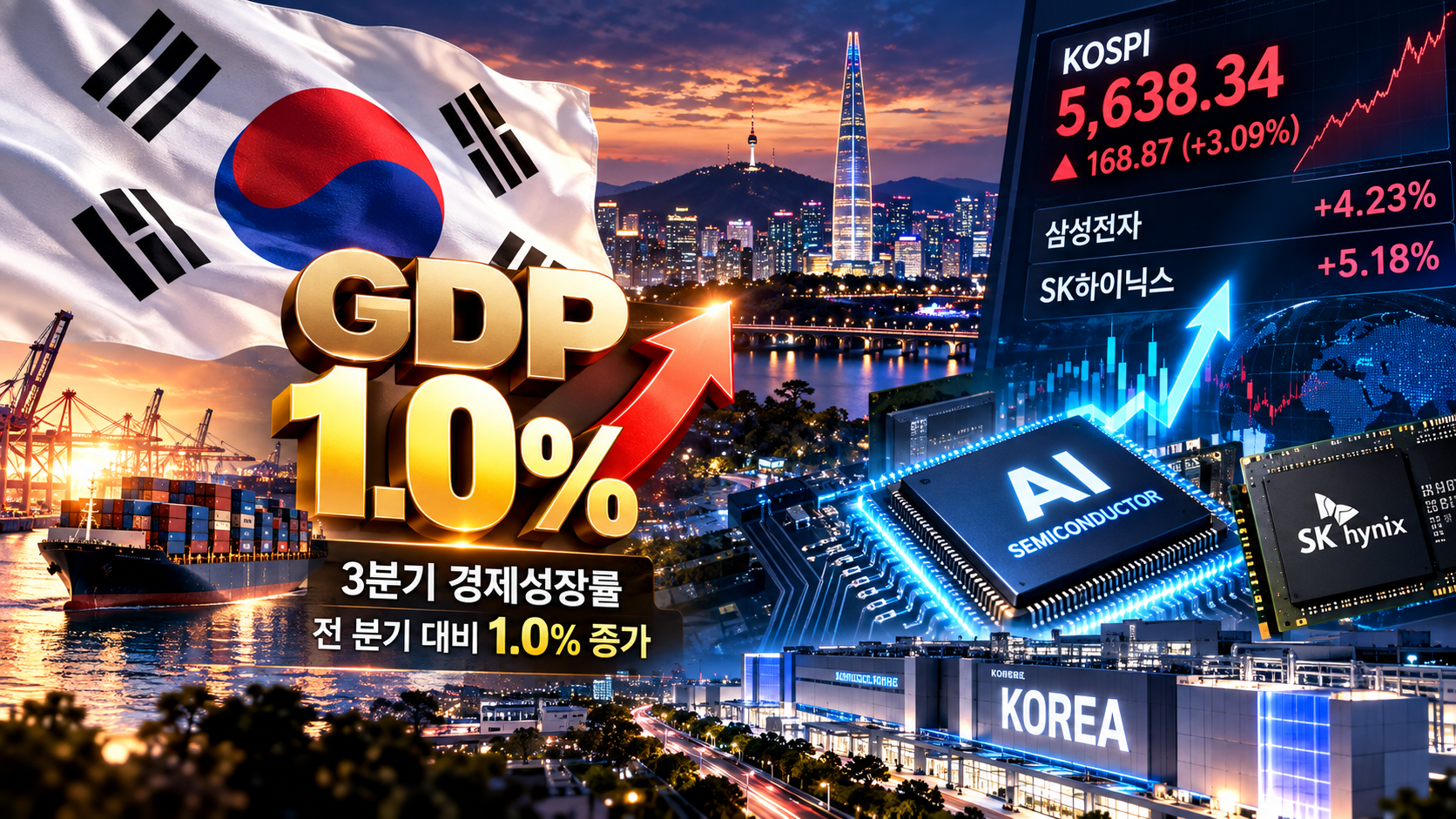 한국 경제 예상 뛰어넘는 깜짝 성장! 3분기 GDP 1.0% 상승…반도체 호황에 코스피도 급등 이미지 1